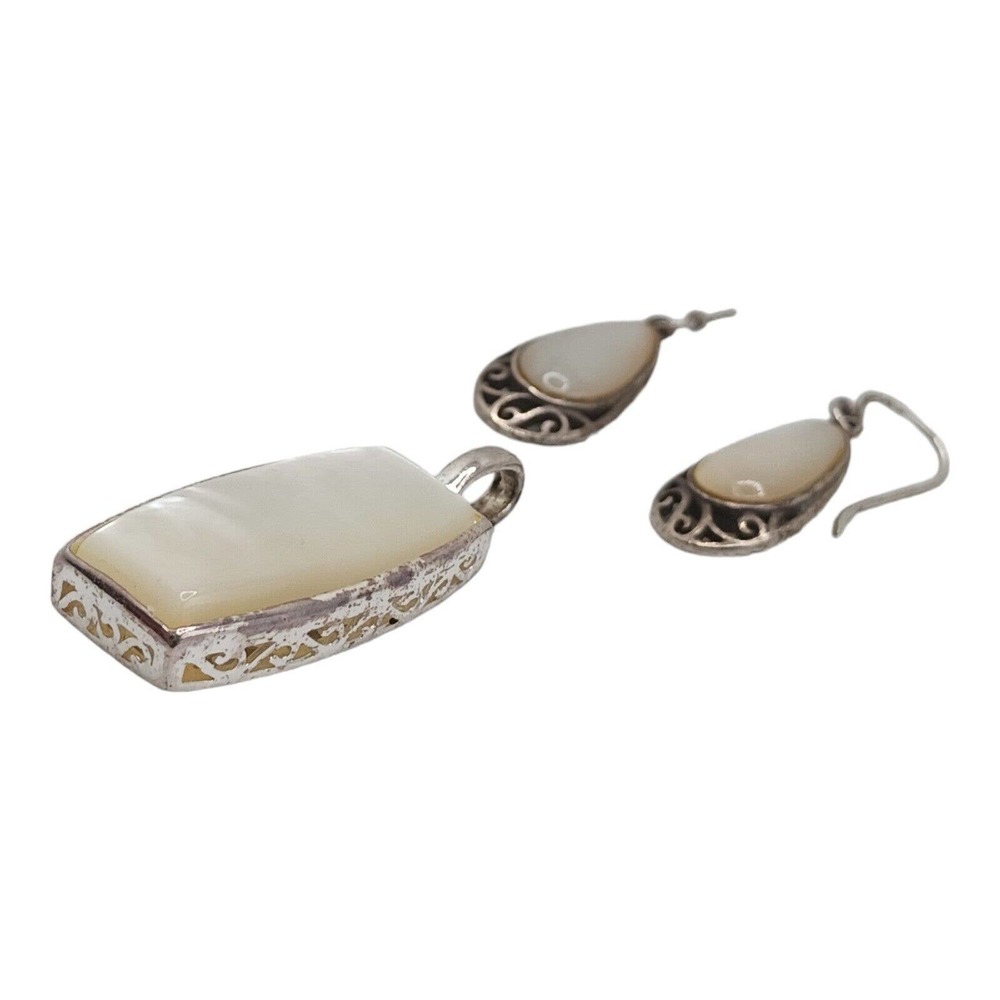 Vintage Dangle Earrings Mother of Pearl .925 Sterling Silver Pendant Set